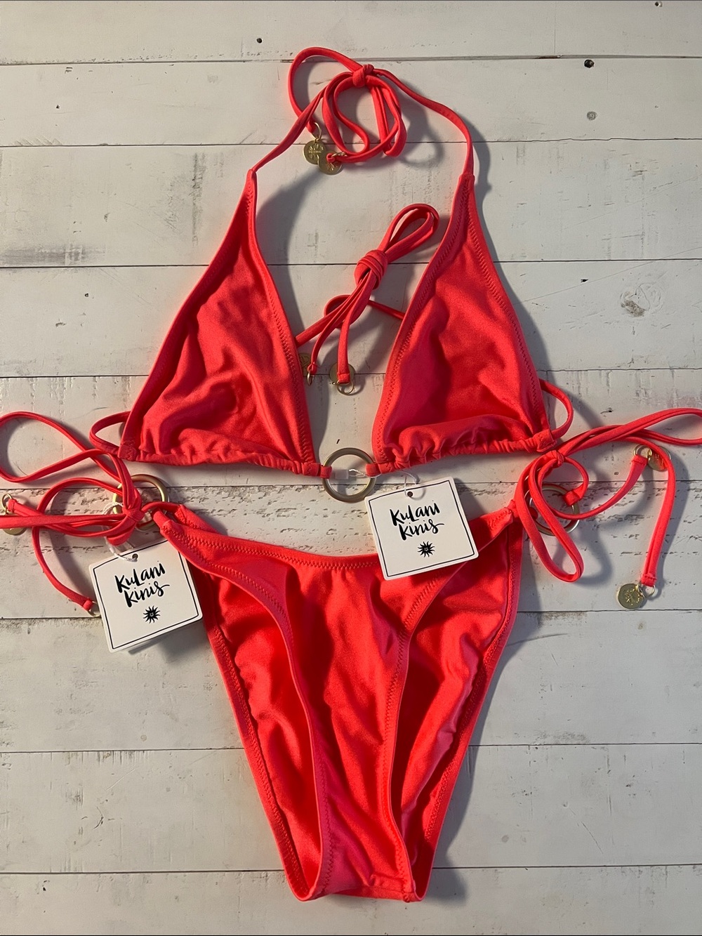 NWT Kulani Kinis Neon Coral Triangle String Bikini